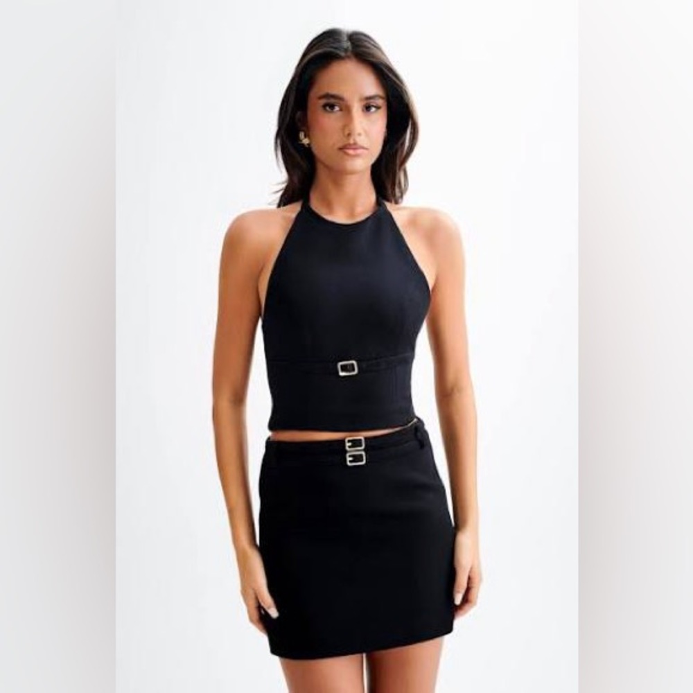 Meshki Black Mini Skirt with Belt Buckle Detail